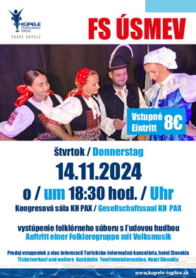 Vystúpenie folklórneho súboru ÚSMEV s ľudovou hudbou